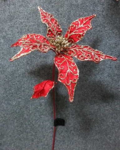 Веточка с цветком 66см ChristmasDeLuxe premium collection красно-золотая