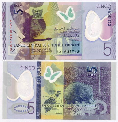 Банкнота Сан-Томе и Принсипи 5 добр 2016 год AA1647743. UNC (пластик)