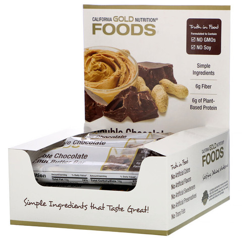 California Gold Nutrition, Foods, батончики со вкусом двойного шоколада и арахисовой пасты, 12 батончиков, 40 г (1,4 унции)