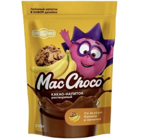 Какао напиток MacChoco Смешарики Банан печенье дой/пак235г/12