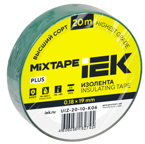 MIXTAPE PLUS Изолента 0,18х19мм зеленая 20м IEK
