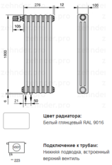 Zehnder Charleston Completto 3180 - 6 секций радиатор с нижним подключением V001 1/2