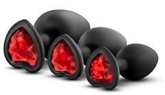Набор черных анальных пробок с красным кристаллом-сердечком Bling Plugs Training Kit - 