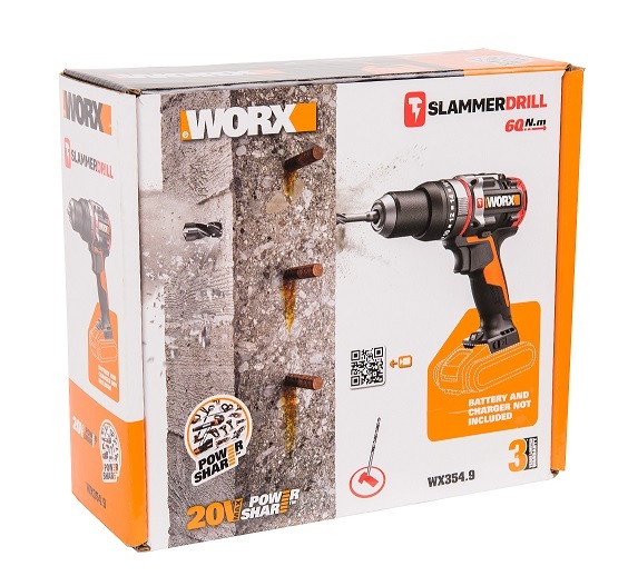 Дрель-шуруповерт ударная аккумуляторная WORX WX354.9, 20В, 60Нм, бесщеточная, без АКБ и ЗУ