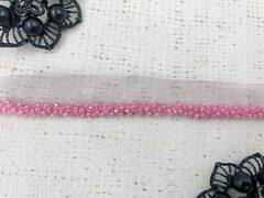 Кант на органзе с бисером, ш. 1 см, бисер ш. 0,5 см, розовый
