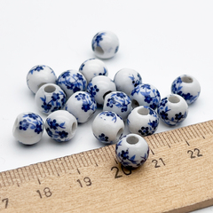 Бусины Шар с цветами, керамика, цвет синий, размер около 8 мм, цена за набор 6 штук