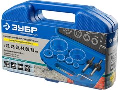 ЗУБР 6 шт, d 22, 28, 35, 44, 68, 73 мм, L 25 мм, карбид вольфрама, набор коронок-чашек с оснасткой, Профессионал (33360-H6)