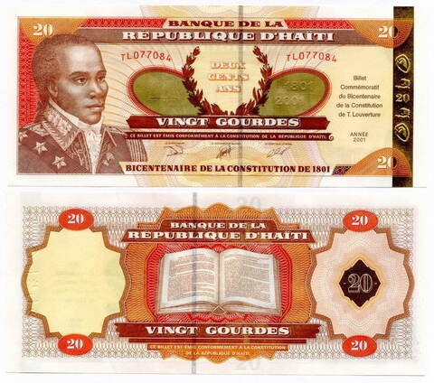 Банкнота 20 гурдов 2001 год. Гаити. 200 лет Конституции (золотая лента) TL077084