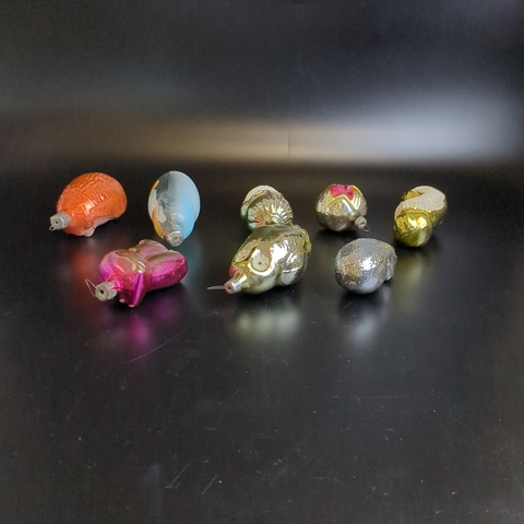 Ёлочные игрушки набор из 8 разных штук ёжики, филин, матрёшка, лиса, лев, казачок, стекло, подвечные, винтаж СССР 1970-1990 гг