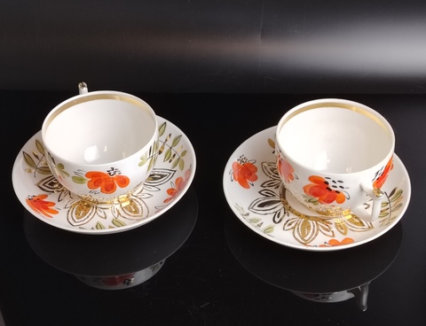 Чайные пары на 2 персоны (2 чайных чашки и 2 блюдца), фарфор, клеймо Вербилки (Дмитровский), "Маки", изящная богатая роспись, позолота, винтаж СССР 1965-1991 гг