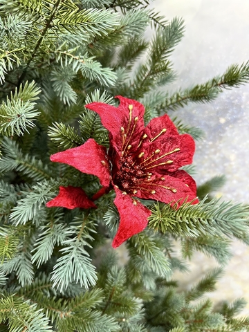 Веточка с пуансеттией 61см ChristmasDeLuxe premium collection бордовая