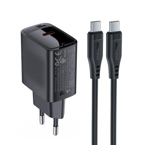 Сетевая зарядка ACEFAST A82 PD20W GaN single USB-C charger с зарядным кабелем USB-C- USB-C (EU), черный