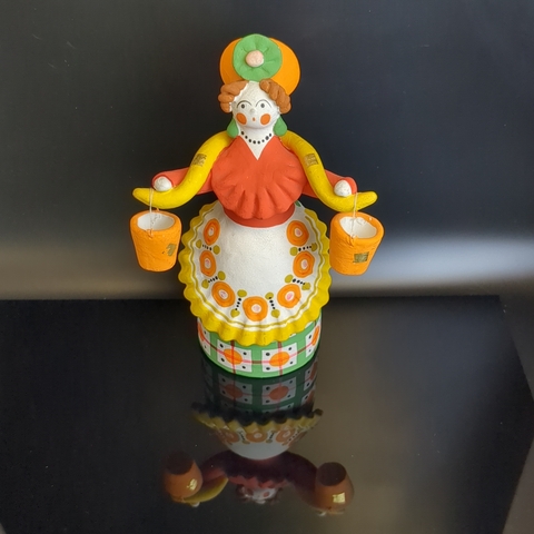 Статуэтка Дымковская игрушка Барыня с ведрами, Водоноска. Кормилица. Высота 23 см. Глина, ручная лепка и роспись, Киров-Дымка, винтаж 1970-1990 гг.