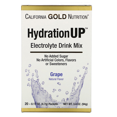 California Gold Nutrition, HydrationUP, смесь для приготовления электролитического напитка, виноград, 20 пакетиков, 4,7 г (0,17 унции) в каждом