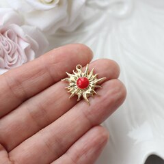 Подвеска Солнце с эмалью, красный, 22*23 мм, позолота, П1027