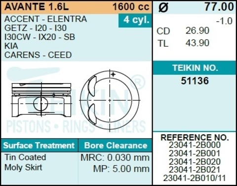 Поршень двигателя TEIKIN 51136 STD (4шт/упак)