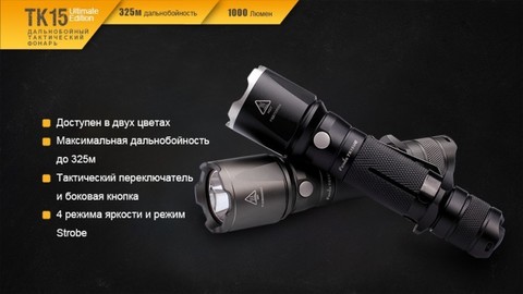Фонарь светодиодный Fenix TK15UE серый, 1000 лм, аккумулятор