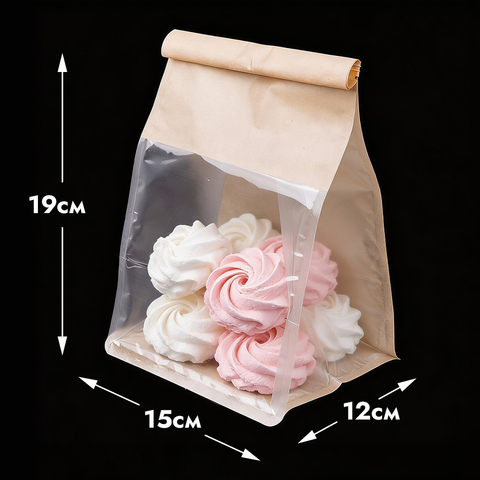 Пакет с прямоугольным дном 15*19*12 см с окном и зажимом, крафт