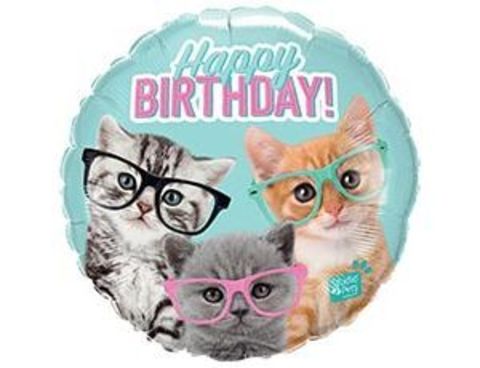 Q 18''/46 см, Круг, Happy birthday, Котята в очках, 1 шт. (В упаковке)