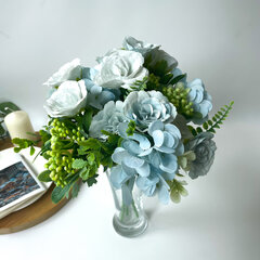 №2 Розы искусственные с гортензией и травяной добавкой, Голубые, 27 см, 1 букет