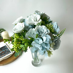 №2 Розы искусственные с гортензией и травяной добавкой, Голубые, 27 см, 1 букет