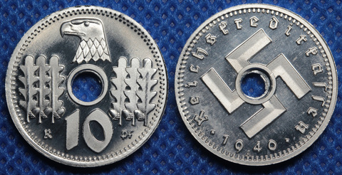 Жетон 10 рейхспфеннигов 1940 года A Свастика с отверстием Орел Германия Третий Рейх Копия монеты Копия