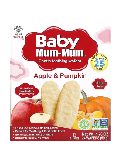 Hot kid, Baby mum-mum, вафли для мягкого прорезывания зубов, яблока и тыква, 12 пакетиков, по 2 шт