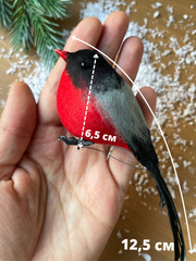 Снегирь, птичка зимняя, с красной грудкой, на проволоке , перьевые, 12*3,5 см, набор 2 шт.