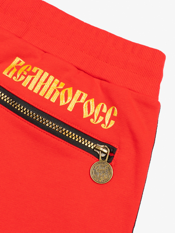 Спортивные штаны красного цвета без манжета, с лампасами. Плотный футер