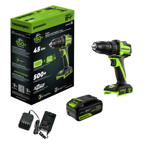 Дрель-шуруповерт акк. Greenworks DD345, 24V, б/щет, 27/45 Нм, 0-450 / 0-1850 об/мин, 13мм, 1х4Ач, ЗУ, кор (3708307CUB)