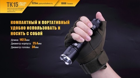 Фонарь светодиодный Fenix TK15UE серый, 1000 лм, аккумулятор