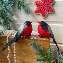 Снегирь, птичка зимняя, с красной грудкой, на проволоке , перьевые, 12*3,5 см, набор 2 шт.