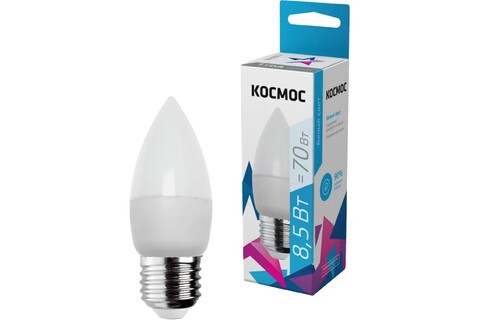 Лампа светодиодная Космос  LkecLED8.5wCNE2745 цоколь E27, свеча CN, 8.5Вт = 70Вт, белый 4500K, световой поток 720лм, 220 вольт - купить в компании MAKtorg