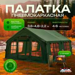 Пневмокаркасная всесезонная палатка «Тёплая Искра» 3,6×4,8×2,2 м — с печкой, из ПВХ, зелёная