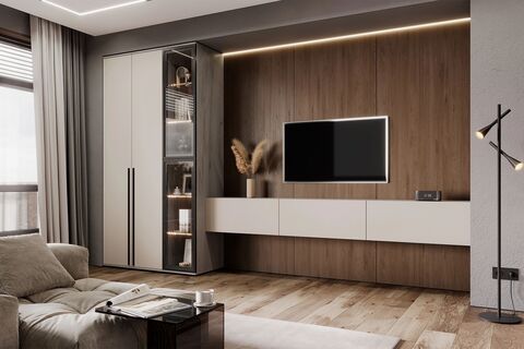 Гостиная Норд № 3 Кашемир, Дуб крафт серый с подсветкой пенал