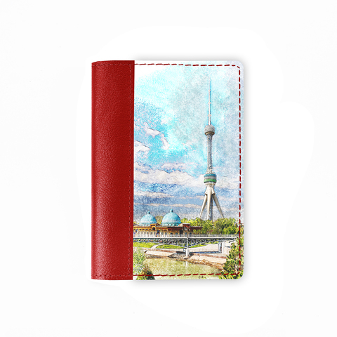 Обложка на паспорт комбинированная "Ташкентская телебашня", красная