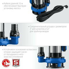 ЗУБР 1500 Вт, дренажный насос с большим напором для грязной воды, Профессионал (НПГ-Т5-1500)