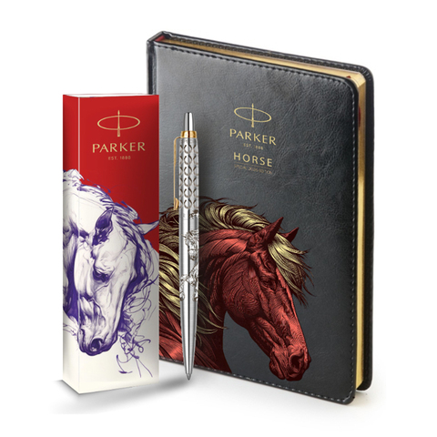 Подарочный набор: Шариковая ручка Parker Jotter Horse Special Edition в подарочной коробке и ежедневник недатированный черный с золотым срезом