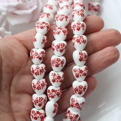 Бусина Сердце, керамика, белая с красной росписью, 12 мм, 1 шт, Ф050