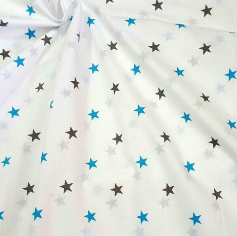 Ткань хлопковая серо-бирюзовые звезды на белом, отрез 50*80 см