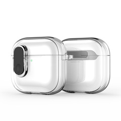 Прозрачный чехол с кнопкой черного цвета от Dux Ducis для наушников AirPods 4, серия PECL Series Case, в комплекте с карабином