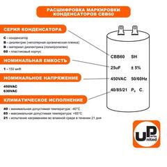 Конденсатор UNITED PARTS CBB60, 50 мкФ, 450В, 2 клеммы (90-0982)