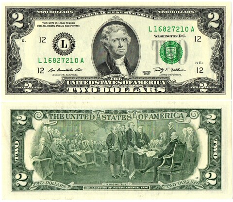 Банкнота 2 доллара 2009 г. Декларация независимости 1776 г. Пресс UNC
