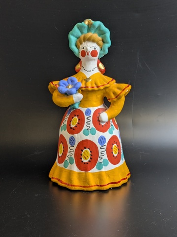 Авторская Дымковская игрушка "Барыня с цветком", автор Разумова, Киров/Вятка/Хлынов, глина, роспись, СССР.