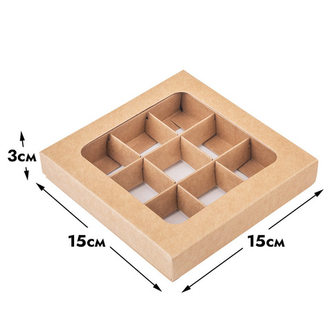 Коробка для 9 конфет крафт,с окном с крышкой