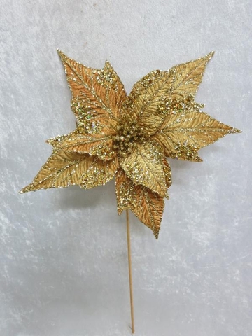 Веточка с цветком пуансеттии 64см ChristmasDeLuxe premium collection золотая