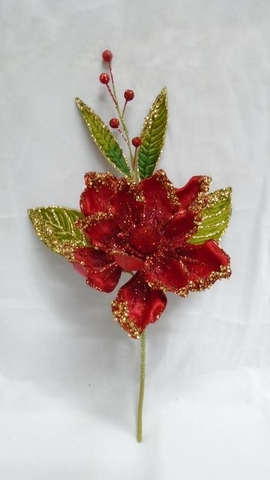 Веточка с листьями и цветком магнолии 46см ChristmasDeLuxe premium collection красно-золотая