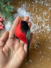 Снегирь, птичка зимняя, с красной грудкой, на проволоке , перьевые, 12*3,5 см, набор 2 шт.