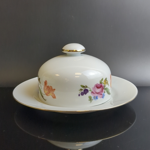 Маслёнка фарфор, деколь, роспись, винтаж ГДР JIMENAU, времен СССР, Германия 1970-1990 гг