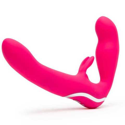 Ярко-розовый безремневой страпон Rechargeable Vibrating Strapless Strap-On - Happy Rabbit 74311